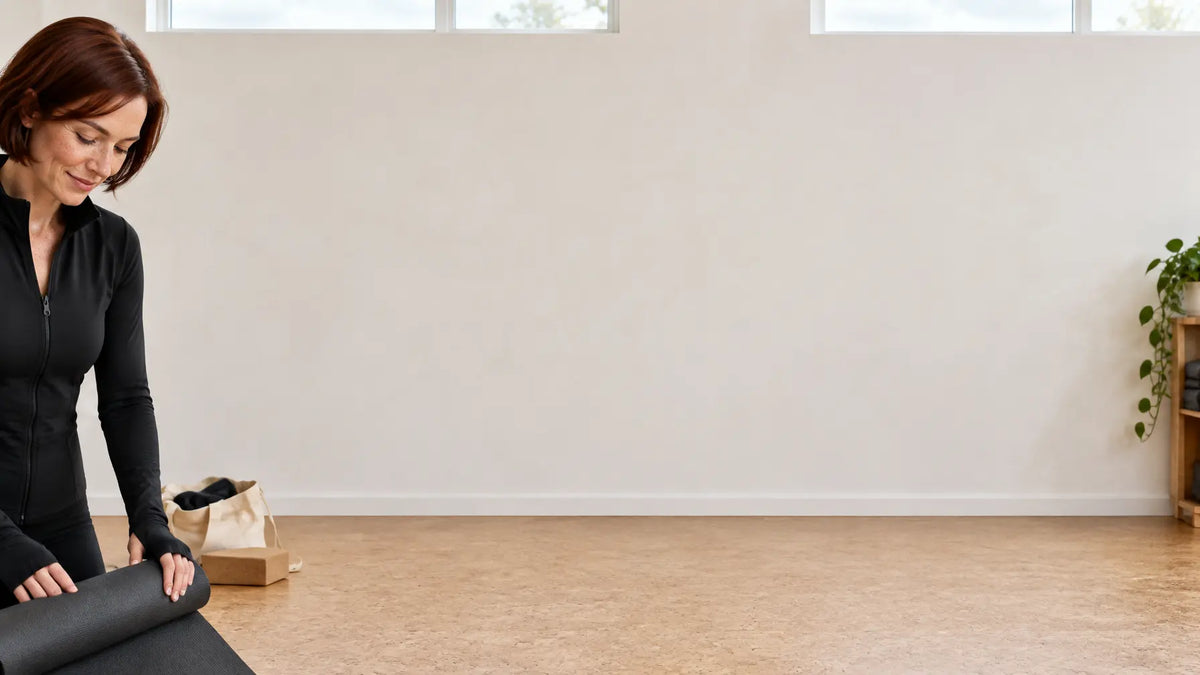 A wide photograph of a quiet, used movement studio with a broad, pale, nearly uniform plaster wall a